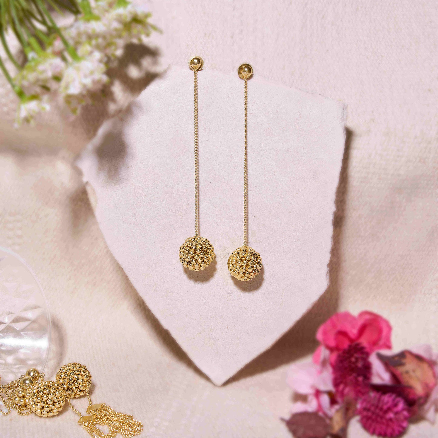 Gold Sphere long Statement Earrings - Gilded Beads