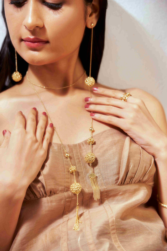 Sphere Beaded long Statement Necklace - Gilded Beads
