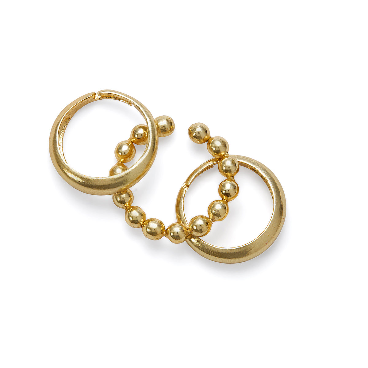 Gold hoop earrings with spherical beads on a white background
