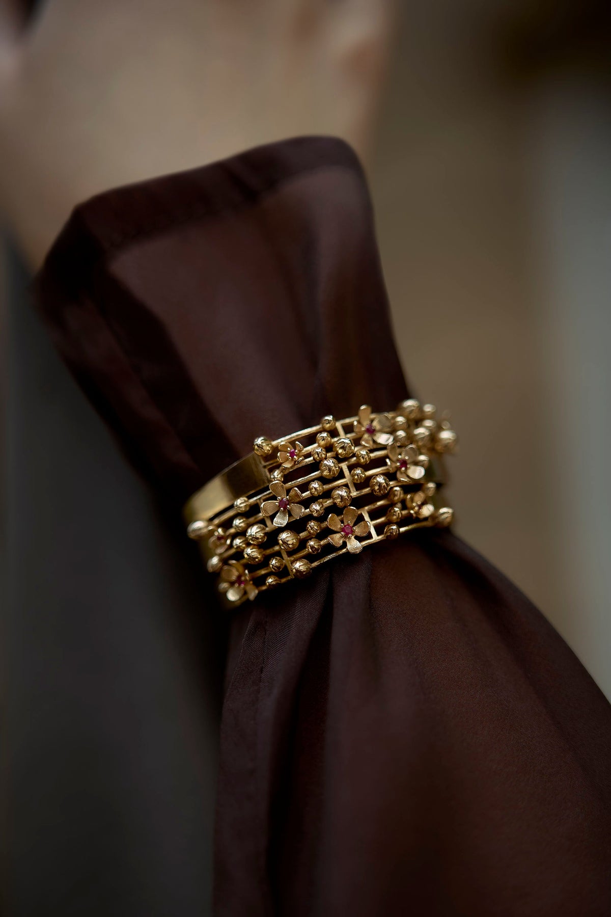 Scarlet Gold Floral Statement Cuff Bracelet